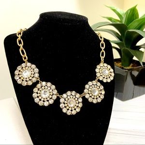 J. Crew Necklace Clear Crystal Circle Statement Necklace Gold-Toned Chain Flower